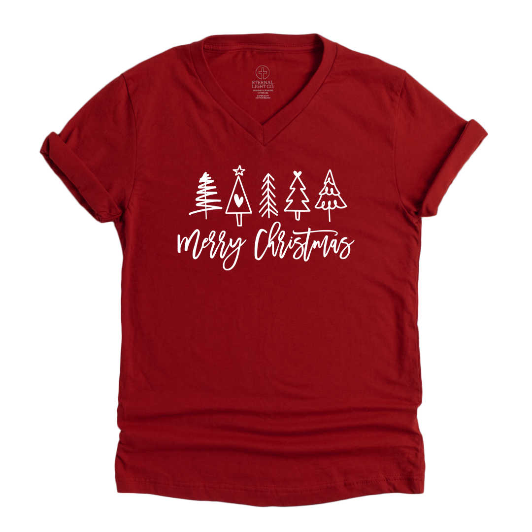 Merry Christmas Doodle Trees Vneck Tee